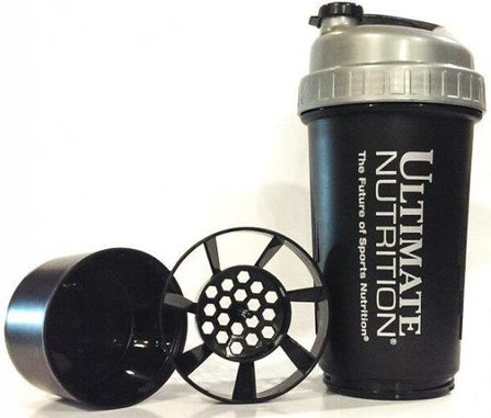 Ultimate Nutrition Шейкер с отсеком 700 мл (черный с серебристой крышкой)