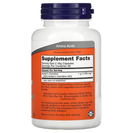 NOW Foods Acetyl L - Carnitine 500 mg (50 вег. капсул) аминокислота Л - Карнитин