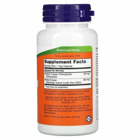 NOW Foods Chlorophyll 100 mg (90 веганских капсул) хлорофил органический