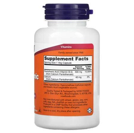 NOW Foods Pantothenic Acid 500 mg (100 веганских капсул) пантотеновая кислота