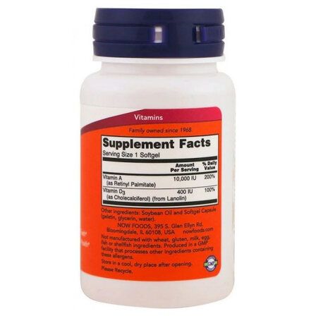 NOW Foods Vitamin A + D 10000/400 (100 гелевых капсул) витамины А и Д