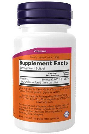 NOW Foods Vitamin D3 2000 IU (120 гелевых капсул) витамин Д3 холикальцеферол