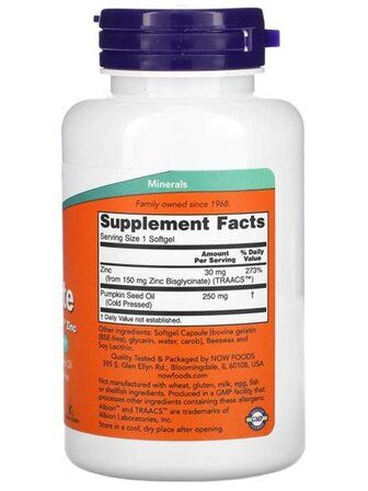 NOW Foods Zinc Glycinate 30 мг (120 веганских капсул) цинк глицинат